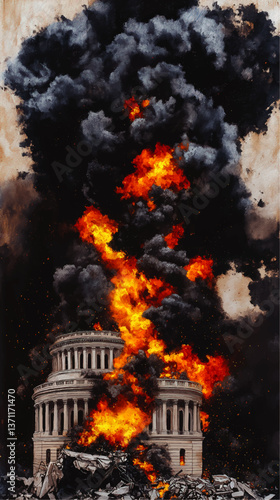 Dramatic Vector Illustration of Historic Monument Engulfed in Fiery Explosion with Billowing Dark Smoke and Destruction Depicting Chaotic War Conflict Disaster Art