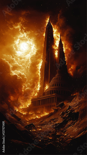 Dramatic Apocalyptic Illustration with Burning Capitol Building and Washington Monument Surrounded by Fiery Sky and Smoke Depicting Catastrophic Destruction Landscape