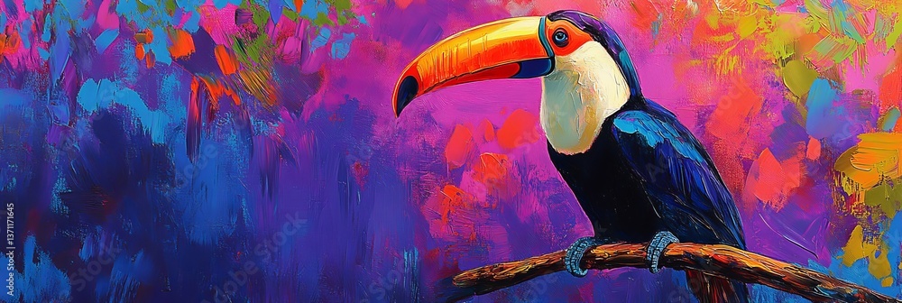 Fototapeta premium Colorful toucan perched on branch painted artfully.