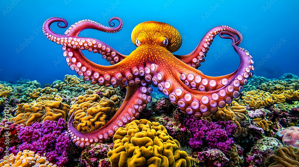 Fototapeta premium Vibrant Octopus On Coral Reef Underwater