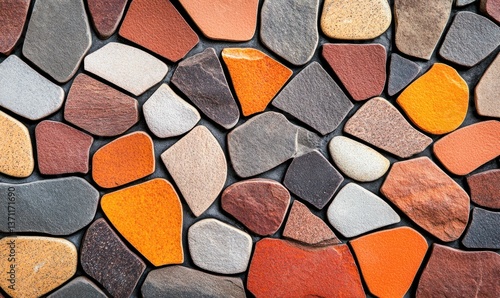 Vibrant stone mosaic wall featuring an irregular and colorful pattern creates a natural texture.