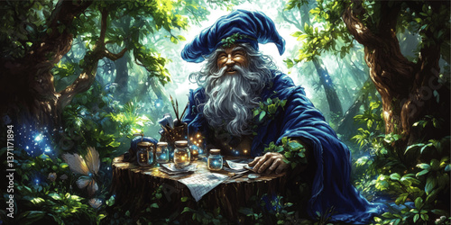 Enchanting Fantasy Illustration of Smiling Wizard with Long Beard Crafting Magical Potions in Mystical Forest with Fairies Magical Lights and Ancient Tree Setting