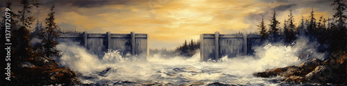 Dramatic Vector Illustration of Powerful River Flooding Through Opened Concrete Dam Surrounded by Dense Forest and Misty Atmosphere with Sunset Sky and Wild Rapids