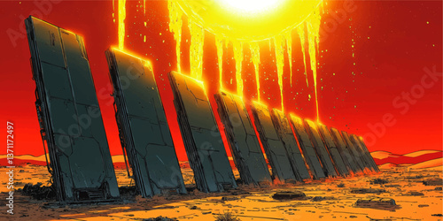 Futuristic Sci Fi Solar Panel Array Melting Under Hot Sun Conceptual Apocalyptic Climate Change Disaster Vector Illustration Technology Energy Environment Scene
