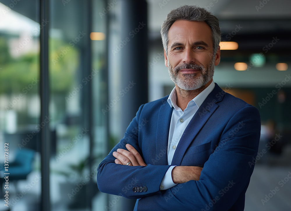 Confident Businessman in Modern Office With Crossed Arms and Professional Attire Confident Businessman in Modern Office With Crossed Arms and Professional Attire