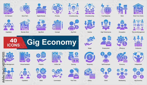 A set of Glyph Gradient Gig Economy icons. Includes remote work, outsourcing, efficiency, time management, and more. Perfect for illustration and design.