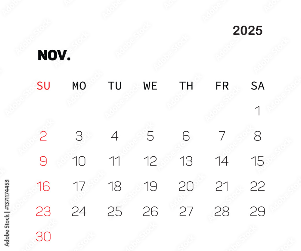 Vector design for November 2025 calendar Vector design for November 2025 calendar