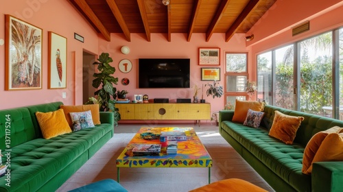 Mid-century modern living room, vibrant decor, sunny California home, relaxing atmosphere, interior design