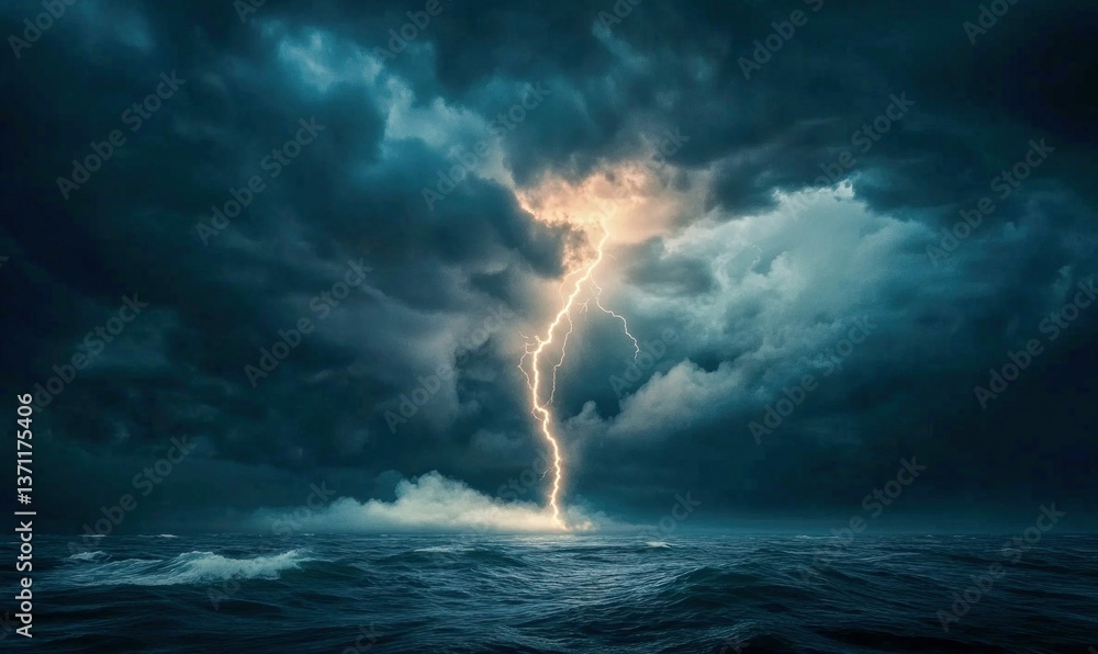 Obraz premium A powerful lightning bolt dramatically illuminates the stormy ocean, showcasing nature's raw energy.