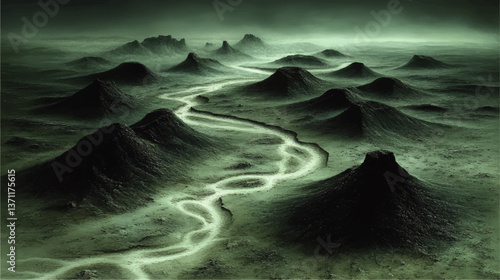 Mystical Green Fantasy Landscape Vector Illustration Featuring Winding River, Dark Mountains, Foggy Atmosphere, Surreal Alien Planet Surface, and Mysterious Foreground