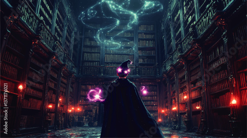 Enchanting Fantasy Wizard in Mystical Library With Magical Spells and Energy Illustrative Vector Concept Art for Fantasy Roleplaying Games Books and Storytelling