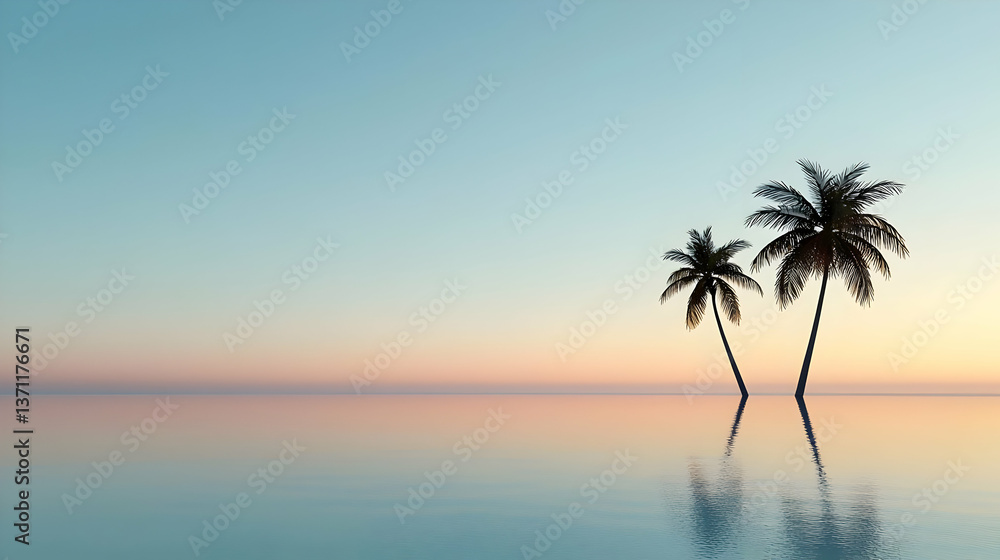 Peaceful Sunset Over Calm Ocean With Palm Trees Peaceful Sunset Over Calm Ocean With Palm Trees