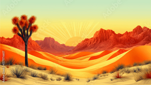 Stunning Vector Desert Landscape Illustration Featuring Sunset Over Sand Dunes Joshua Tree Scenic Mountains Natural Arizona California Visual Background Poster Art Design