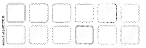 Doodle minimalist Square Black line frame Set . Simple Whimsical borders with sketchy scribble edge. Template for invitation, poster, card, scrapbook, label, social media, Child creative design
