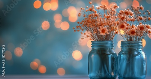 Colorful Flowers in Blue Jars With Blurred Lights in the Background at a Cozy...