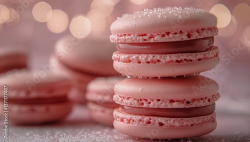 Delightful Pink Macarons Stacked Elegantly With Sparkling Sugar Decoration