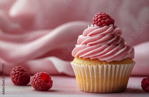 Delicious Raspberry Cupcake With Pink Frosting on a Soft Pastel Background
