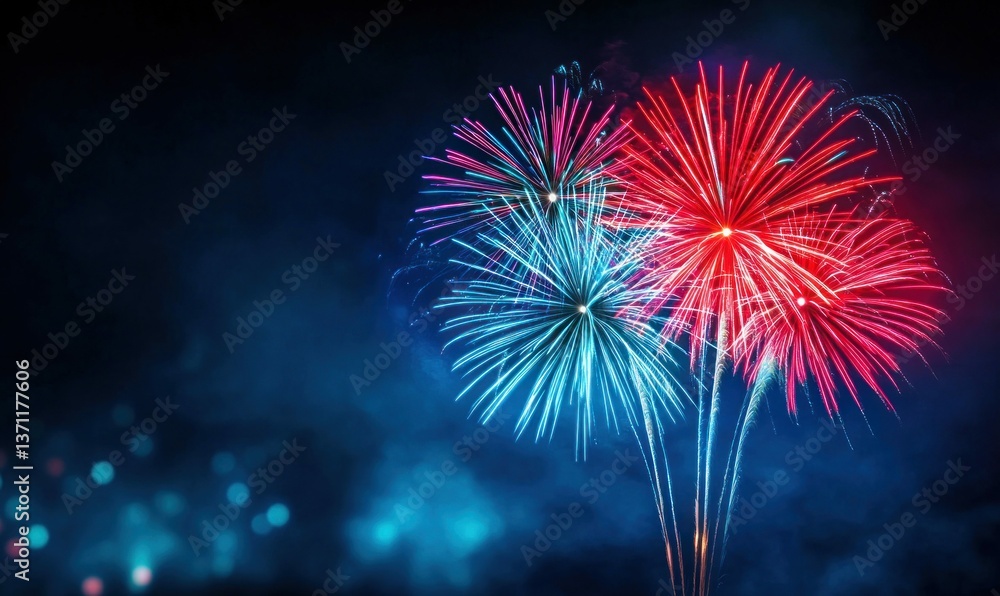 A vibrant burst of red and blue fireworks lights up the dark night sky with festive cheer. A vibrant burst of red and blue fireworks lights up the dark night sky with festive cheer.
