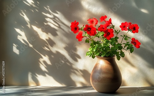 Bright Red Flowers in a Light-Filled Room by a Window With Playful Shadows