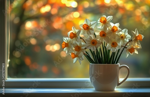 Bright Daffodils in a White Mug on a Sunny Windowsill During Springtime