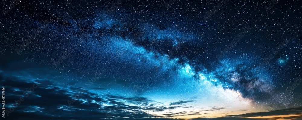 Fototapeta premium Breathtaking Night Sky with Milky Way and Stars Over Serene Landscape at Dawn