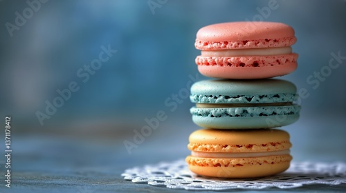 Colorful Macarons Stacked on Lace With Blurred Background Showcasing a Sweet ...
