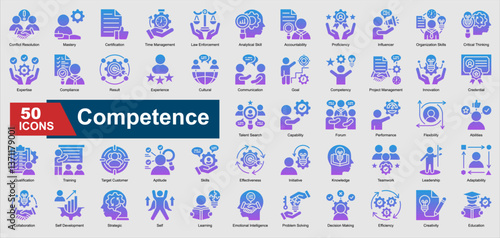 A collection set of gradient glyph Competence icons. Includes expertise, proficiency, leadership, problem solving, training, and more. Perfect for illustration and design.