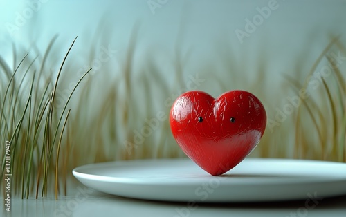 Bright Red Heart Sculpture on a White Plate With Soft Background Highlights