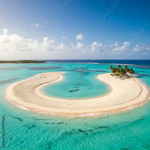 Caribbean small island and beach with U shape surrounded by turquoise water. Perfect location to enjoy a summer holiday.