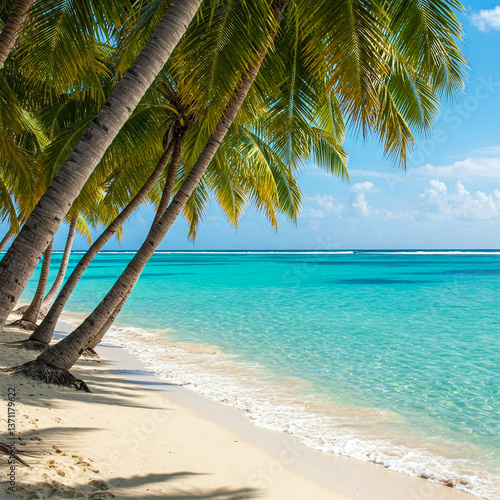 Impressive landscape of a caribbean beach with turquoise blue water and clear bright sky. The palm trees give some shade over  sand while the waves roll on the shore leaving a fine line of white foam
