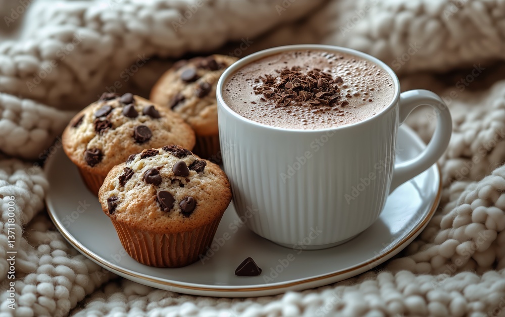 Delightful Chocolate Chip Muffins Served With a Warm Cup of Hot Cocoa on a Cozy Blanket Delightful Chocolate Chip Muffins Served With a Warm Cup of Hot Cocoa on a Cozy Blanket