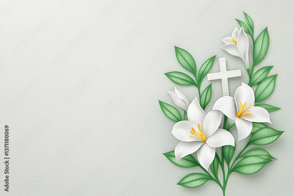 Fototapeta premium White lilies and cross on pale background