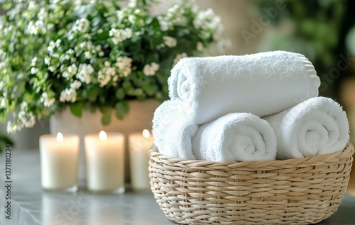 Relaxing Atmosphere With Rolled Towels, Candles, and Greenery in a Serene Ind...