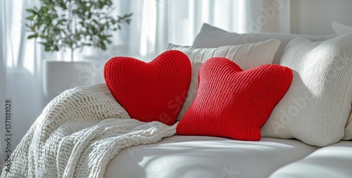 Cozy Living Room With Heart-Shaped Pillow and Warm Textures in Bright, Natura...