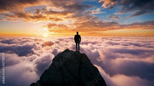 Man on a Mountain Peak at Sunset, Above the Clouds