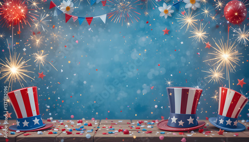 4th of July Background Fireworks  USA Hats
