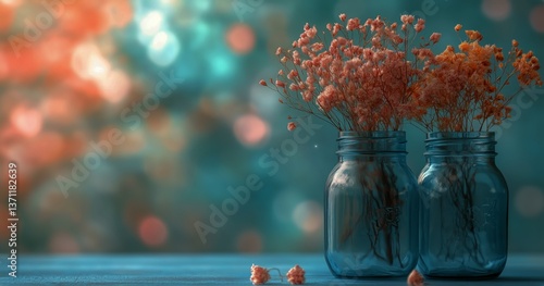 Colorful Flowers in Blue Jars With Blurred Lights in the Background at a Cozy...