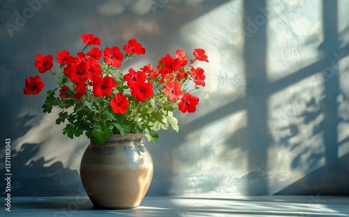 Bright Red Flowers in a Light-Filled Room by a Window With Playful Shadows