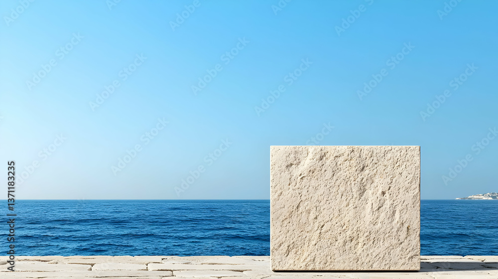Fototapeta premium Beige Stone Square Monument On Beach With Blue Sea And Clear Sky