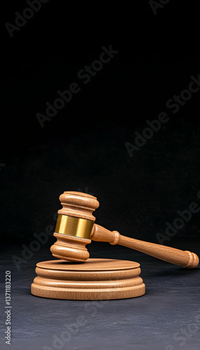 Wooden gavel resting on a sound block against a black background