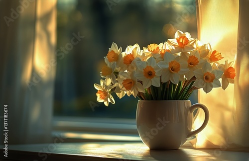 Bright Daffodils in a White Mug on a Sunny Windowsill During Springtime