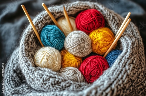 Colorful Yarn Balls and Knitting Needles in a Cozy Knitted Blanket