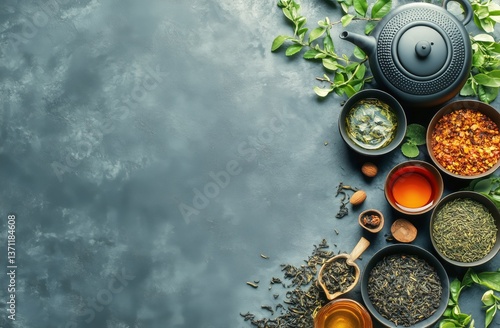 Variety of Tea Ingredients and a Teapot Arranged on a Dark Surface With Fresh...