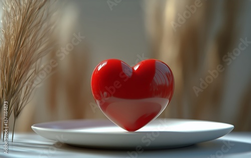 Bright Red Heart Sculpture on a White Plate With Soft Background Highlights