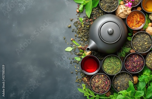 Variety of Tea Ingredients and a Teapot Arranged on a Dark Surface With Fresh...