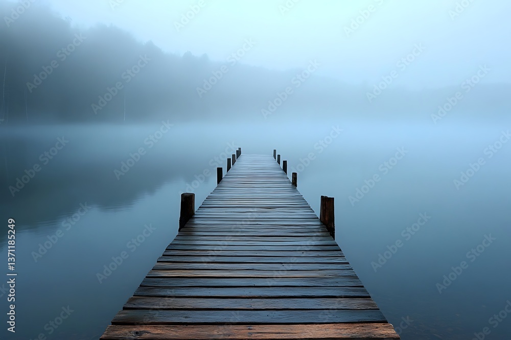 Fototapeta premium A wooden dock extending into a misty lake, with soft light reflecting on the water at dawn