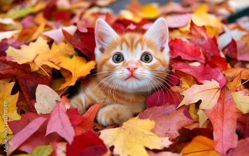 Adorable Ginger Kitten Playing in Autumn Leaves