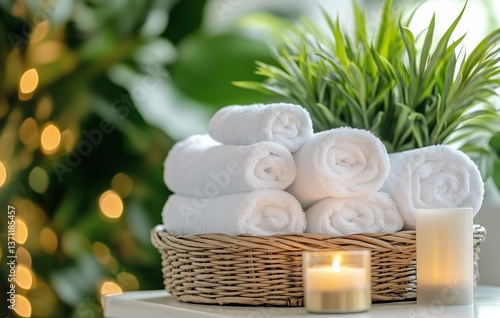 Relaxing Atmosphere With Rolled Towels, Candles, and Greenery in a Serene Ind...