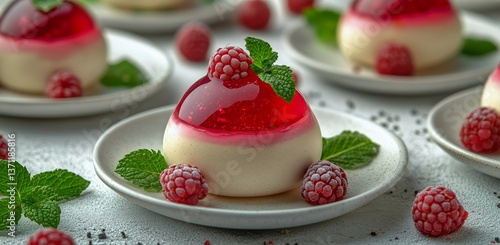 Delicious Raspberry Jelly Dessert Garnished With Fresh Mint on a White Plate