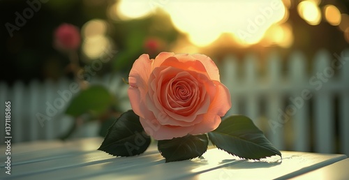 Pink Rose Illuminated by Sunset in Garden Setting During a Warm Evening